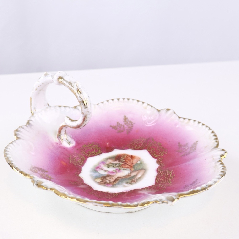 Antique Royal Bavaria Germany Portrait Handled Trinket Dish Pink Gold Gilt - Picture 4 of 6